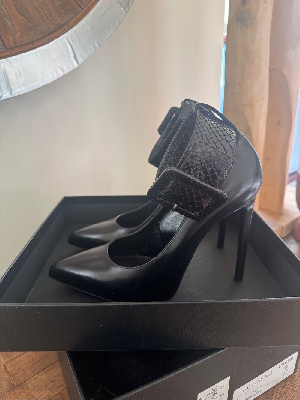 Saint Laurent Black Pointed Stiletto Heels with Textured Ankle Strap